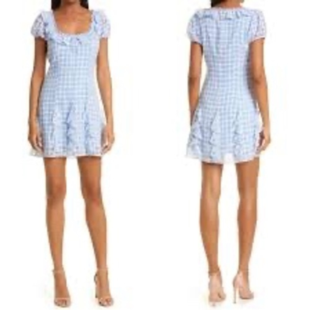 Likely Gingham Mini Dress Womens Size 0 Blue White Excellent Ruffled Puff Sleeve